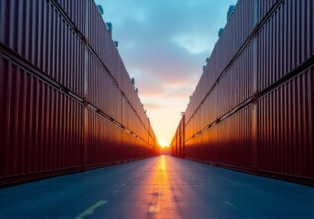 Intermodal transportation containers at sunset
