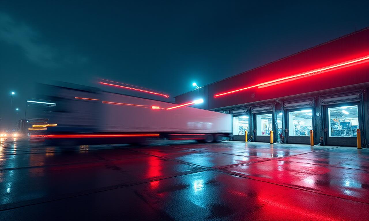 Nocturnal view of a high-tech freight hub with motion-blurred trucks and glowing lights