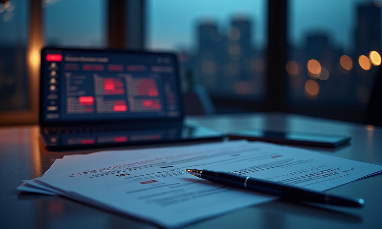 Legal documentation and logistics contracts on a dark modern desk