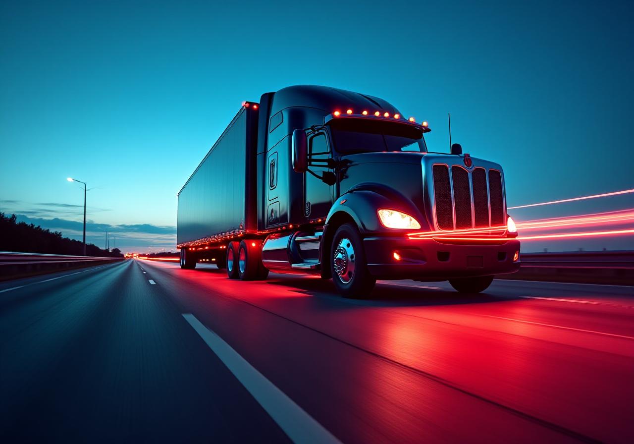 Heavy duty truck on an open highway at dusk with neon light trails